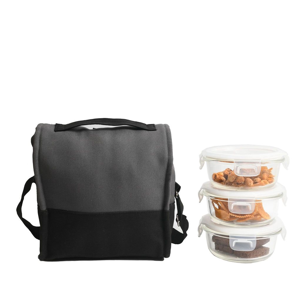 Femora Borosilicate Glass Round Container Grey Black Canvas Lunch Box-380ml, Set of 3