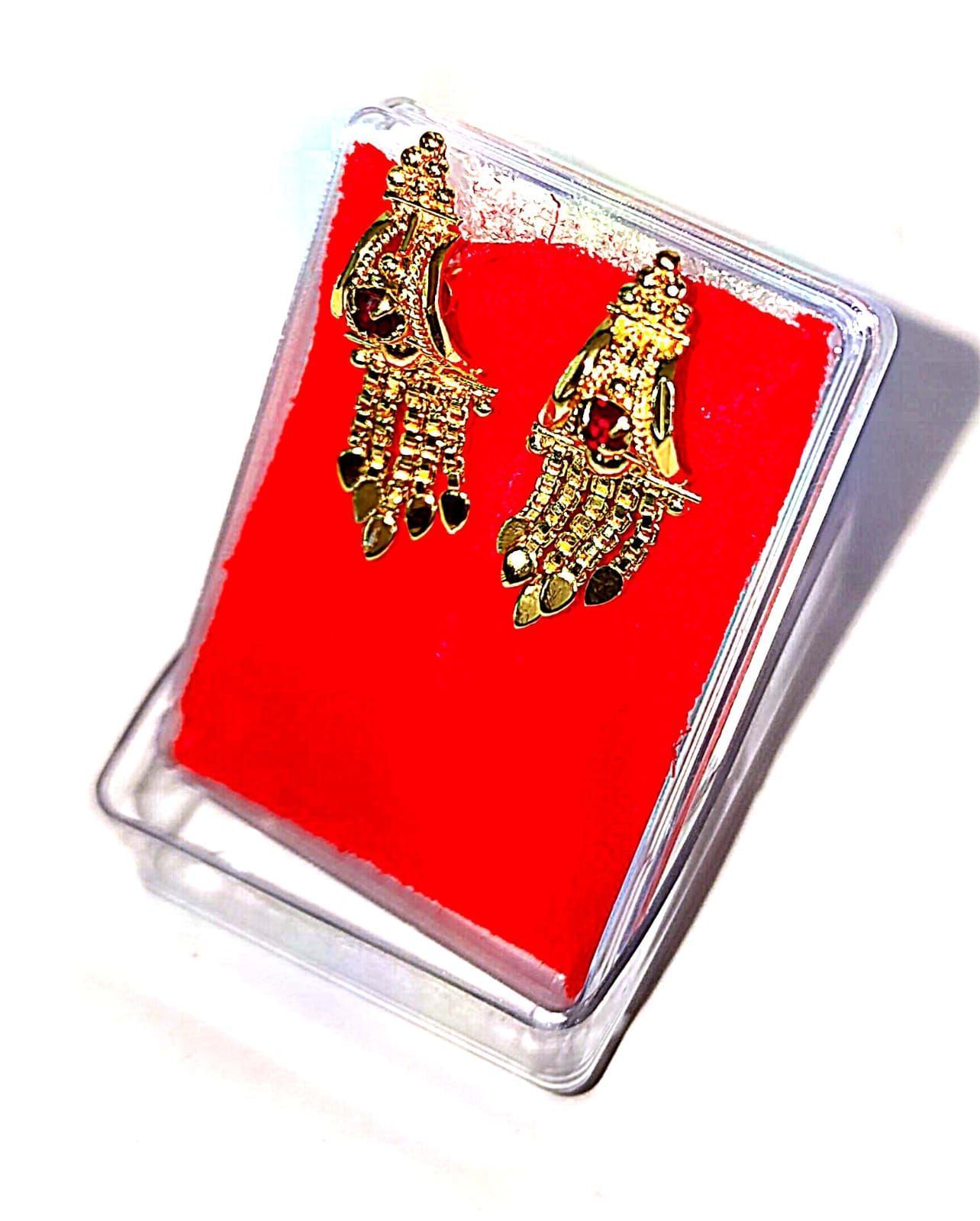 Gold Plated Indian Bollywood Style Long Jhumka Earrings with Red Stones