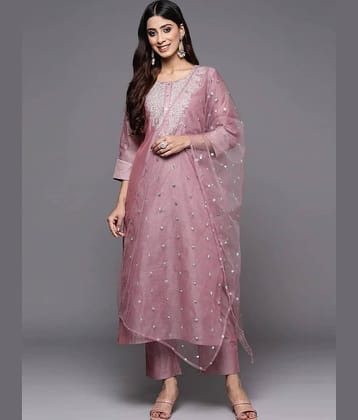 Royal Export Pack of 1 Chanderi Embellished Straight Women's Kurti with Dupatta - ( Pink )