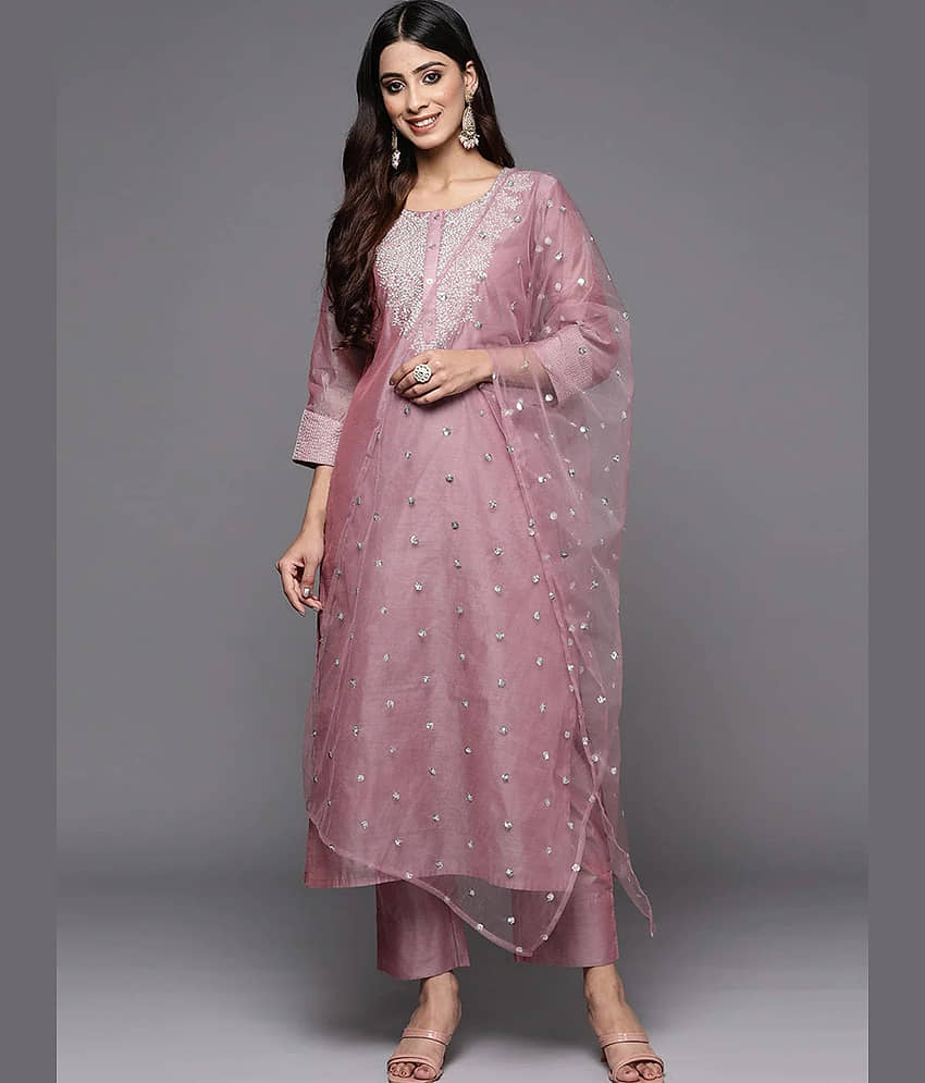 Royal Export Pack of 1 Chanderi Embellished Straight Women's Kurti with Dupatta - ( Pink )