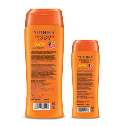 Yuthika Sunscreen Lotion SPF50 PA++++ with UVA & UVB Protection, Sunscreen for All Skin Types Combo Pack (300ml + 100ml)