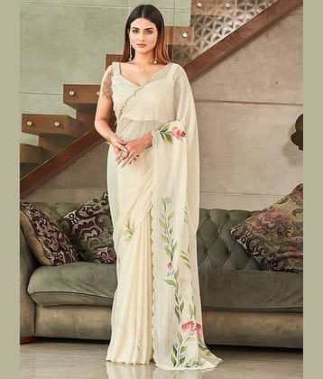 Gazal Fashions Polyester Printed Saree With Unstitched Blouse Piece ( White )