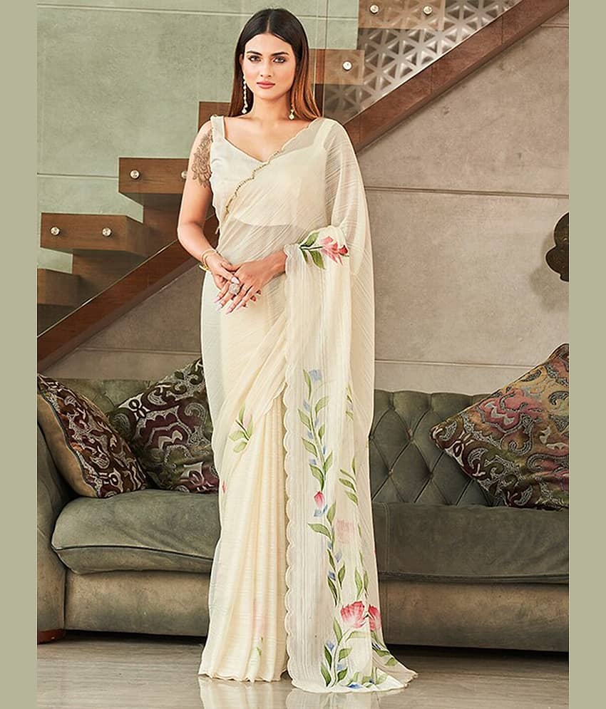 Gazal Fashions Polyester Printed Saree With Unstitched Blouse Piece ( White )