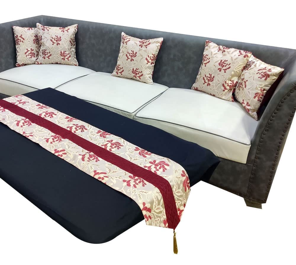 Maroon Red White Damask Floral Woven Square 5 Cushion Covers and 1 Table Runner Combo Luxury Modern Pillow Cover for Sofa Living Room Bedroom |16X16 Inch Cushion Cover I12 X 59 Inch Table Runner