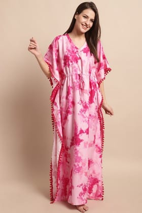 Pink Floral Printed Viscose Rayon Nightdress Kaftan-ONESIZE