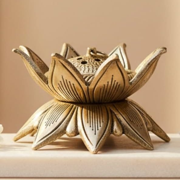 Sukh Sehaj Kamal Dhoopdani | Lotus Shaped Loban Burner | Incense Burner | Dhoop Batti Stand, Handcrafted, Antique Black Finish, 4.2 Inch Length, for Home Temple, Decor, Pooja Ritual and Gifting