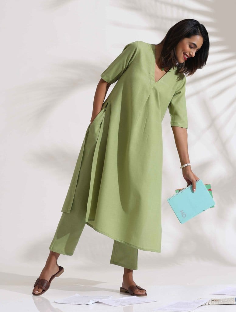 trueBrowns Green Slub Kurta Set - Green  (XS)