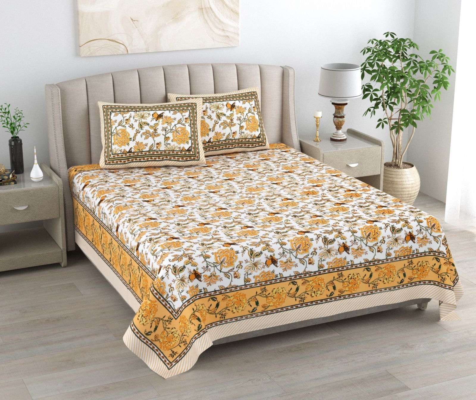 3001-Hometrade India-Standard King Size (90*108 Inches) Double Bedsheet With 2 Pillow Cover-RJ-14-Jaipur lining-3282