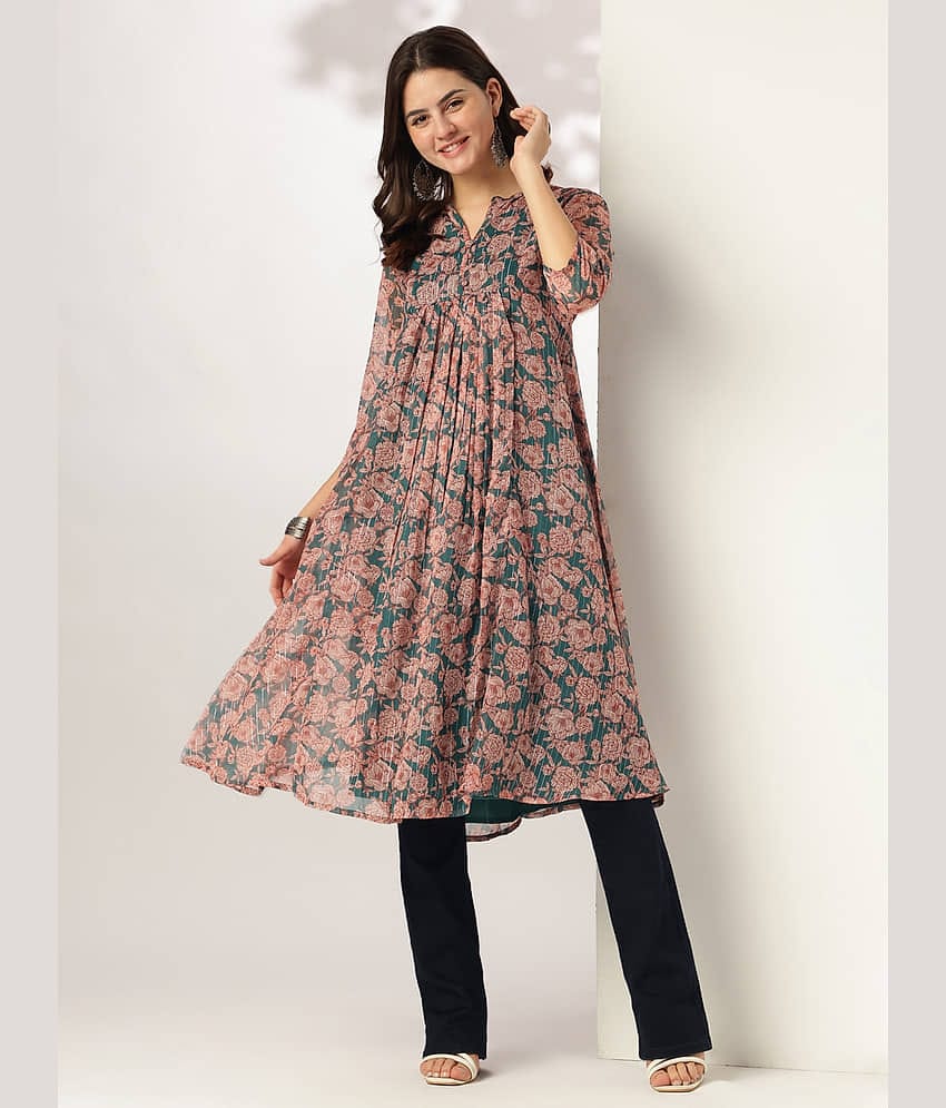Janasya Women Chiffon Printed A-line Kurti ( Dark Green )