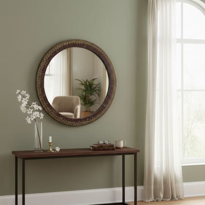 BAANMATA INTERNATIONAL Handicraft Distressed Wall-Mirror,Brass-Embossed Wooden Bedroom-Mirror,Home Living Showpiece Round-Mirror