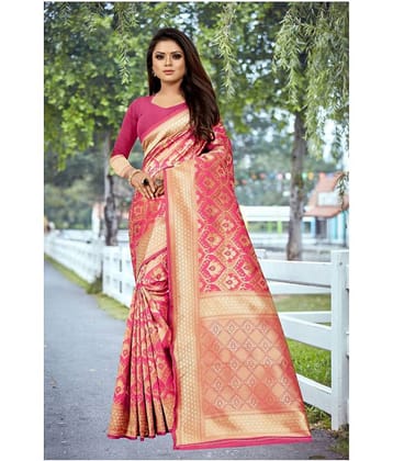 Gazal Fashions Banarasi Silk Printed Saree With Unstitched Blouse Piece ( Pink )