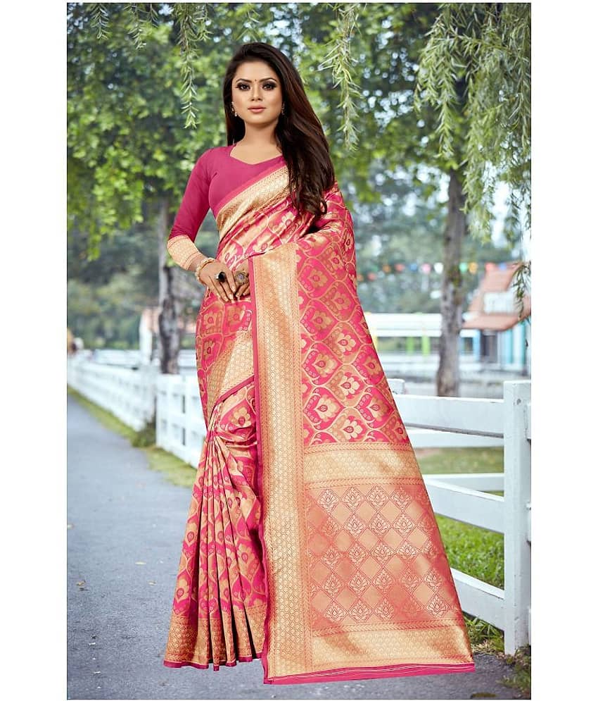 Gazal Fashions Banarasi Silk Printed Saree With Unstitched Blouse Piece ( Pink )