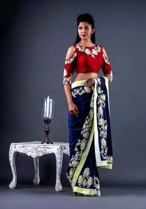 Blue and Red Georgette Saree With Banglori Silk Blouse (Color - Blue) by SHIV TEXTILES