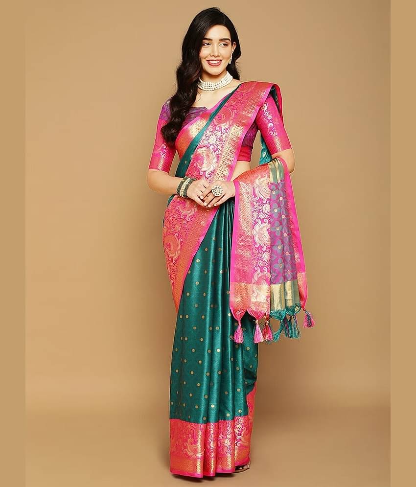 JIHANA FAB Organza Woven Saree With Unstitched Blouse Piece ( Blue )