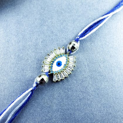 Evil Eye Blue Silver Cubic Zirconia Thread Rakhi For Men