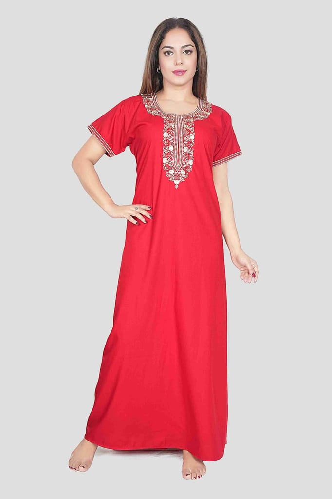 New Women Luxury Women’s Nighty – Plain Bizzy Lizzy Fabric with Stylish Neck Embroidery Night Go