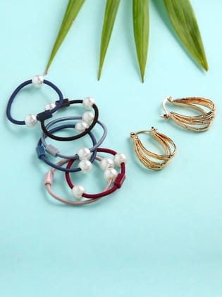 justpeachy Gold-Toned Contemporary Hoop Earrings & Hair Tie Combo