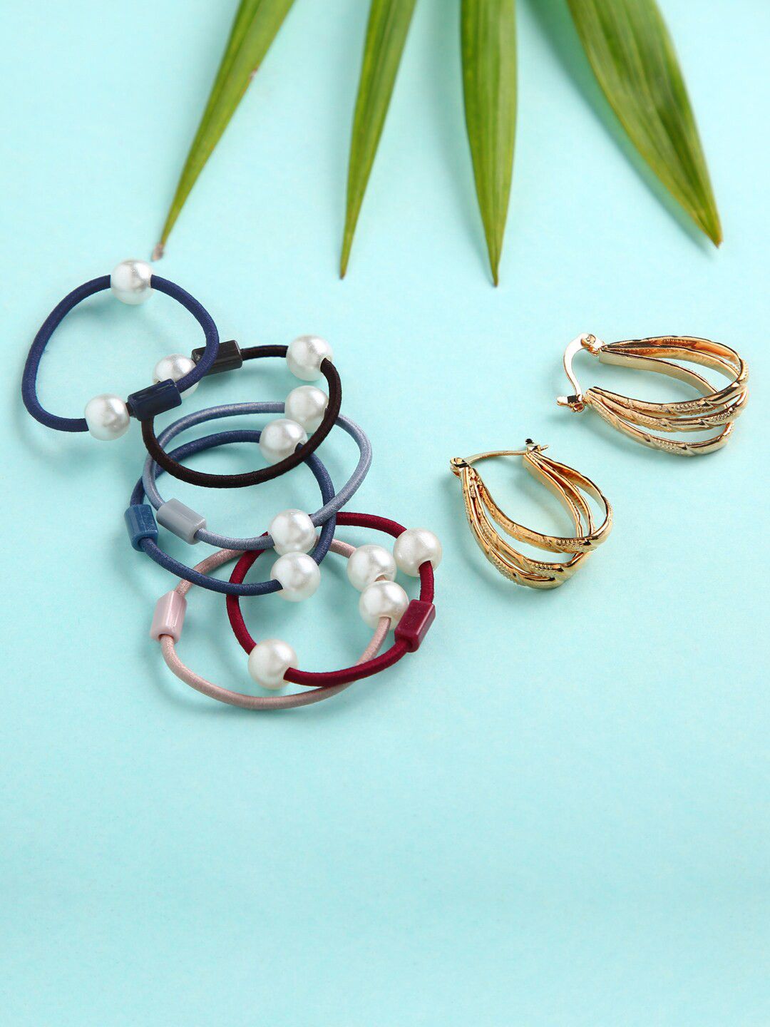justpeachy Gold-Toned Contemporary Hoop Earrings & Hair Tie Combo