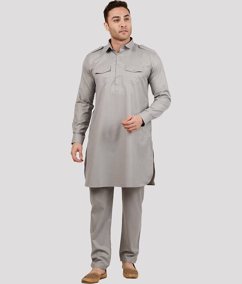 Maharaja - Medium Grey Cotton Blend Regular Fit Men's Pathani Suit ( Pack of 1 )