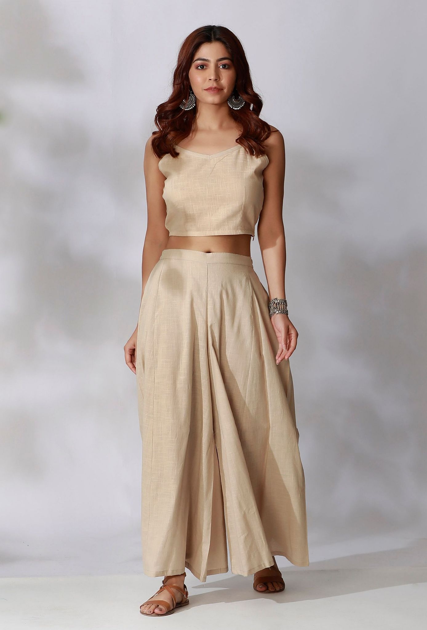 Set Of 2- Beige Cotton Slub Crop Top with Beige Cotton Slub Flared Pants-S