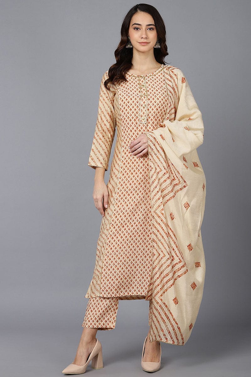 Cream Poly Silk Straight kurta Pant With Dupatta PKSKD1528