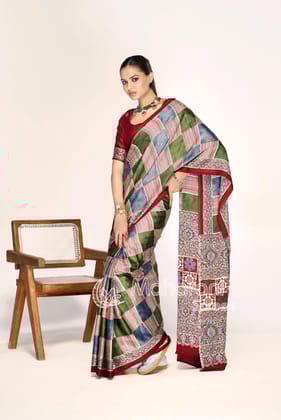 Traditional Multi Color Ajrakh Printed Modal Silk Saree P12