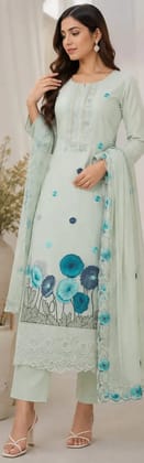 Serene Mint Green Floral Embroidered & Printed Suit Set