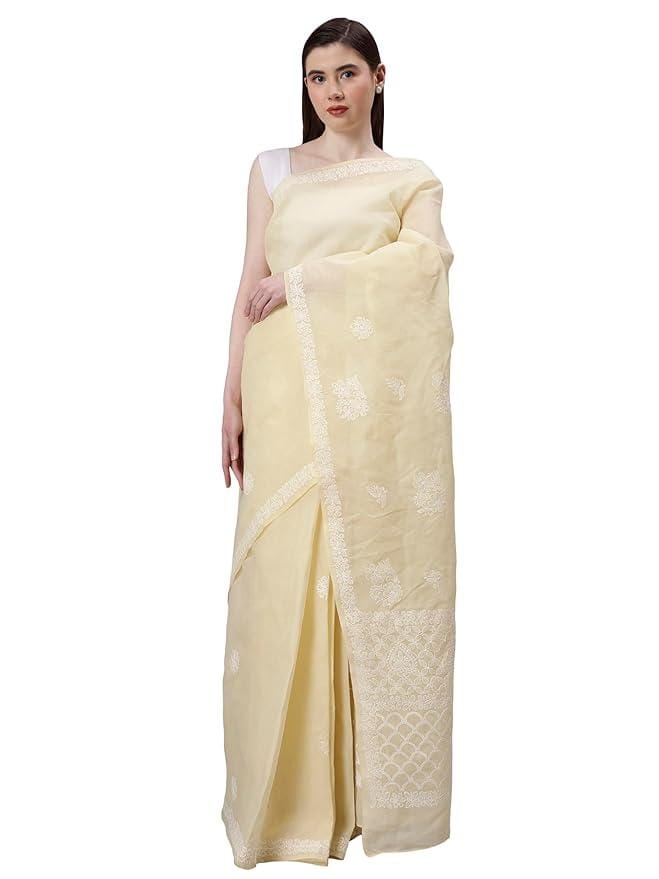 Hand Embroidered Lucknowi Chikankari Beige Terivoil Cotton Saree with Blouse Piece for Women
