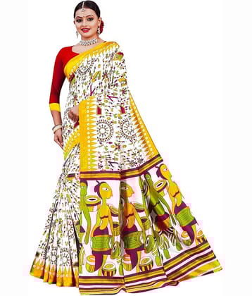 Kanooda Prints Art Silk Printed Saree With Unstitched Blouse Piece ( Teal )