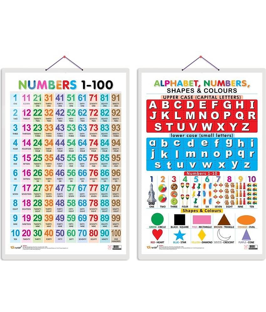 Set of 2 Numbers 1-100 and Alphabet, Numbers, Shapes & Colours Early Learning Educational Charts for Kids | 20"X30" inch |Non-Tearable and Waterproof | Double Sided Laminated | Perfect for Homeschooling, Kindergarten and Nursery Students