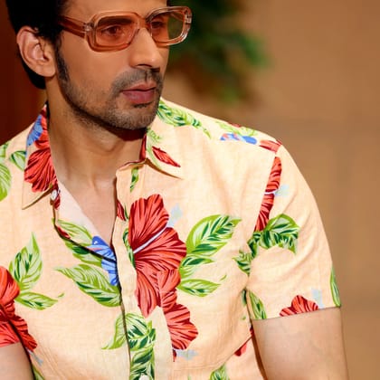 Hibiscus Flower Light Peach Casual Pure Linen Half Shirt (Size - S) by BLUE EAGLE