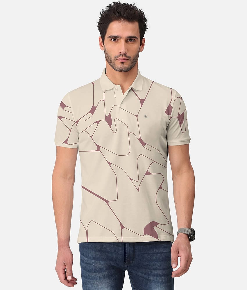 BULLMER Pack of 1 Cotton Blend Regular Fit Printed Half Sleeves Men's Polo T Shirt ( Beige )