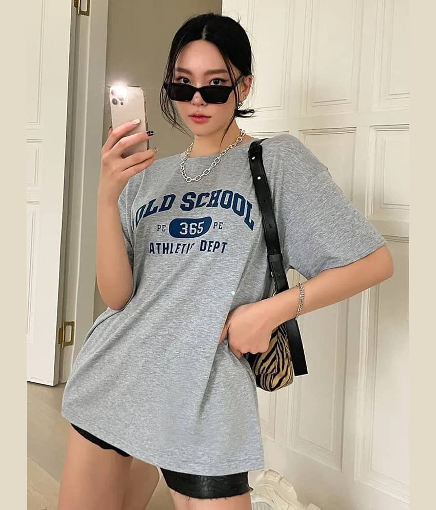 ELBATROSS Women Cotton Blend Printed Oversized Fit Round Neck T-Shirt ( Grey )