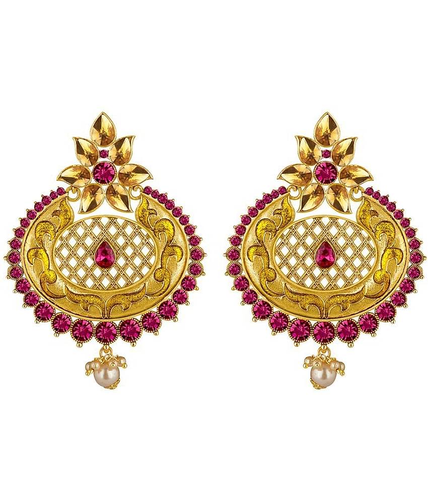 Spargz Antique Gold Plated Purple AD Stone Long Indian Style Enamel Work Chandbali Earrings For Women AIER 1348