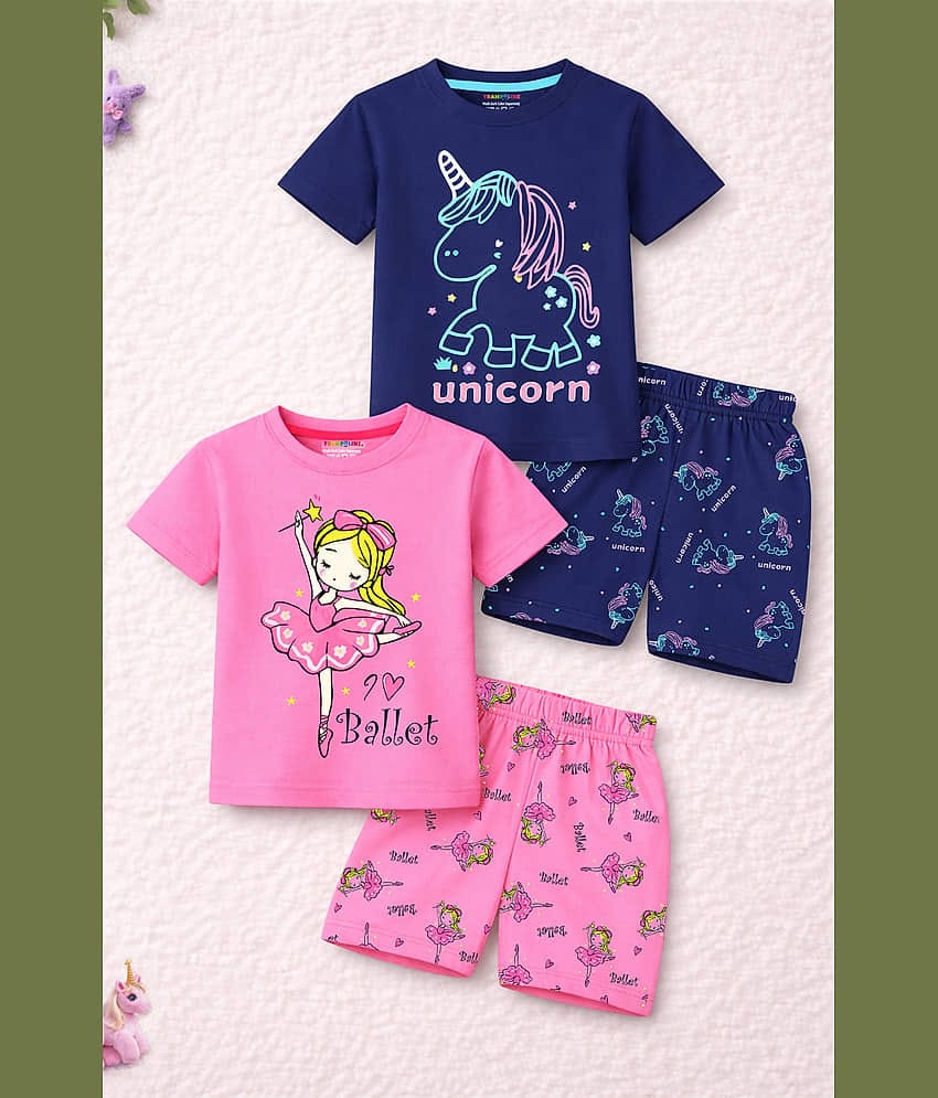 Trampoline Girls Cotton Blend T-shirt & Shorts Set ( Blue & Pink , Pack of 2 )