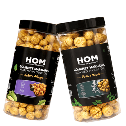 GOURMET MAKHANA Roasted in Olive Oil | Flavors Pudina Masala & Achari Mango | Combo Of 2, 65g Each. - 130 gm