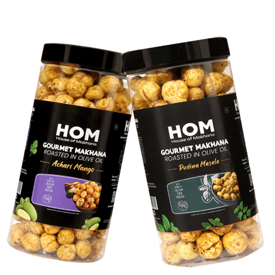 GOURMET MAKHANA Roasted in Olive Oil | Flavors Pudina Masala & Achari Mango | Combo Of 2, 65g Each. - 130 gm