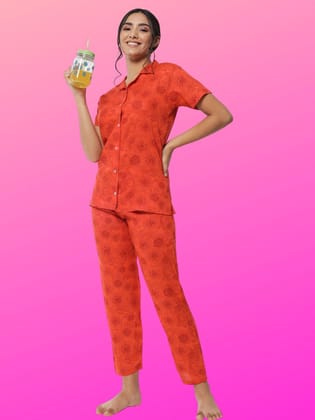 Printed Button Up Orange Nightsuit For Women With Pockets in Pyjamas N77O0