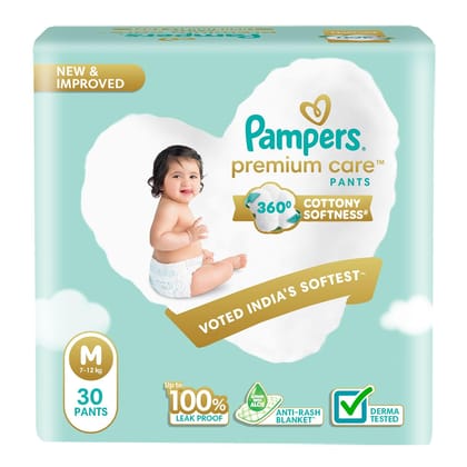 Pampers Premium Care Pant Style Baby Diapers, Medium (M size), 30 Count, 7-12kg, All-in-1 with 360 Cottony Softness Diapers