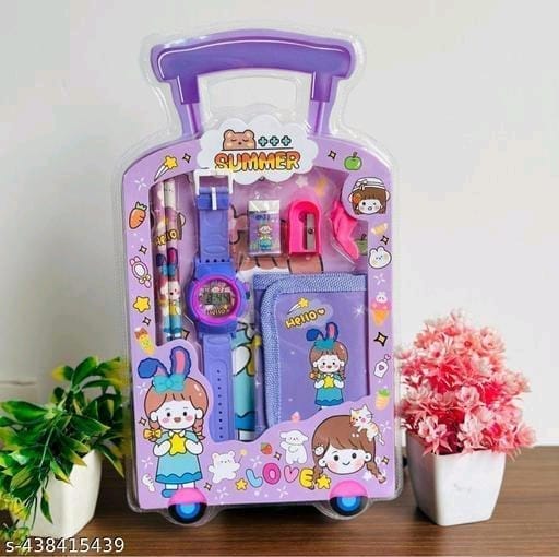 Kids Stationery Set, School Supplies Kit with Trolley Case, Kawaii Cartoon Pencil Case for Girls, Children's Day Gift