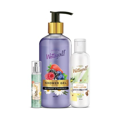 Layer'r Wottagirl Combo | Wildberry & Chamomile Shower Gel 300ML | Tuscan Green Body Splash 25ML | Moisturising Body Lotion 100ML | for Women