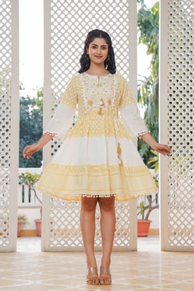 Yellow Cotton Round-Neck Tunic Top with Embroidery and Mirror Work-YELLOW / S