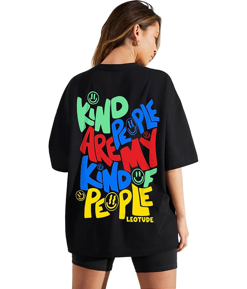 Leotude Women Cotton Blend Printed Oversized Fit Round Neck T-Shirt ( Black )