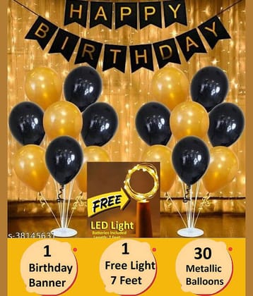 Happy Birthday Banner (Black) + 30 Metallic Balloon(Black,Gold) + 1 Free Light (7Feet)