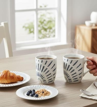 Table & Tale Premium Porcelain Mug with Blue Elegant Pattern | Made in Sri Lanka | Vegan | Vegan, Bone-Ash Free | Durable, Scratch-Resistant | Ideal for Coffee, Tea & Gifting | Set of 2