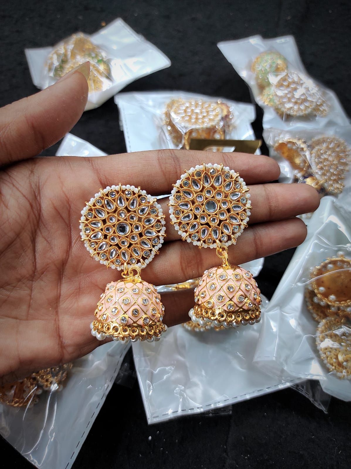 Traditional kundan meenakari jhumka earrings ad stone Set By Zevar