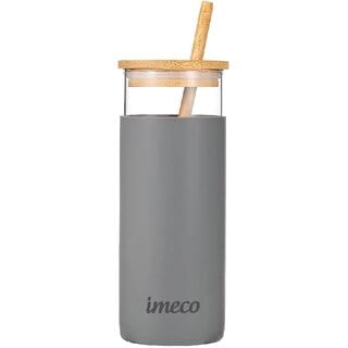 IMECO ECO-SIP 450ml Drinks Glass Tumbler with Bamboo Lid and Straw (Grey), Glass Sipper Mug Ideal for Home and Office