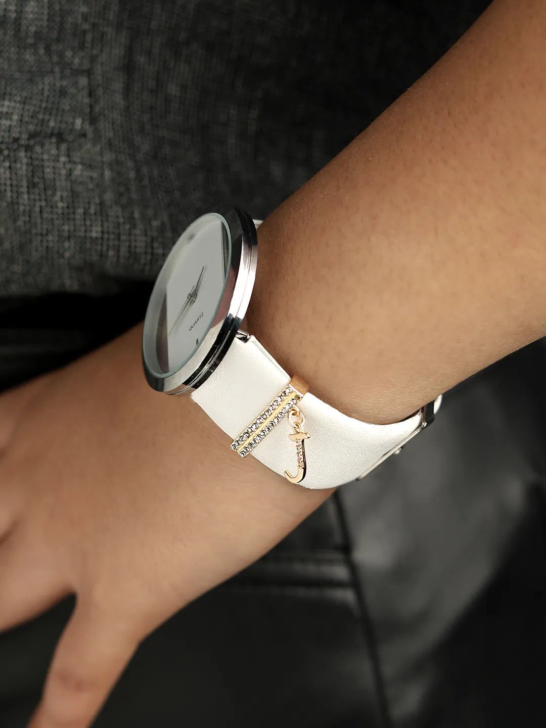 Round Analog Watch With J Liberty Initial Watch Charm - White-Watches