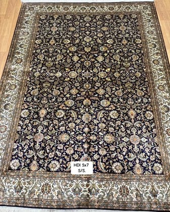 Black Silk-on-Silk Kashmiri Rug – Handwoven Luxury with Intricate Leaf Design | Artisan Floor Art by Heritage Design Inc Black Silk-on-Silk Kashmiri Rug – Handwoven Luxury with Intricate Leaf Design | Artisan Floor Art by Heritage Design Inc