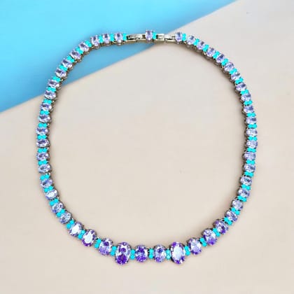 Oval Solitaire Silver Blue Cubic Zirconia Gemstone Anti Tarnish Chain Necklace For Women